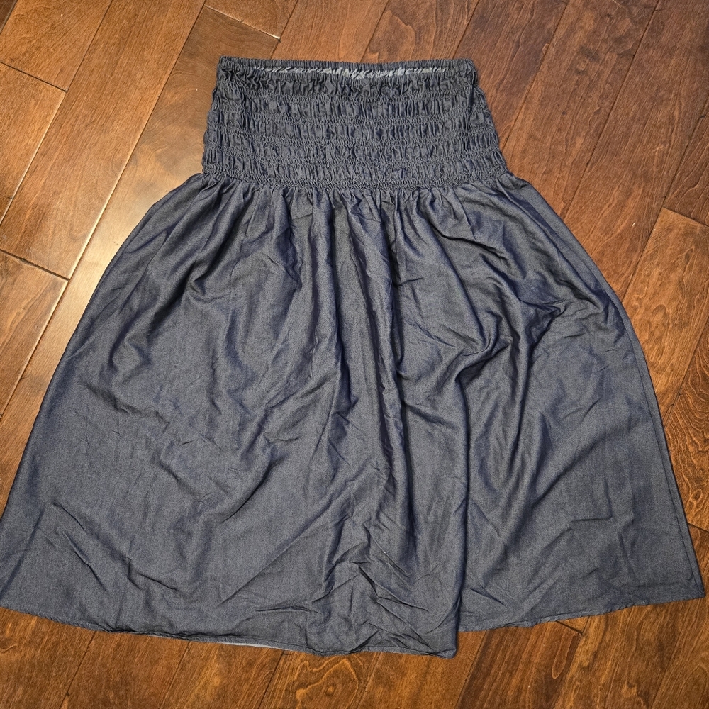 NEW High Waisted Smocked Soft Demin Blue Skirt Or Worn As Strapless dress XL - Picture 3 of 7